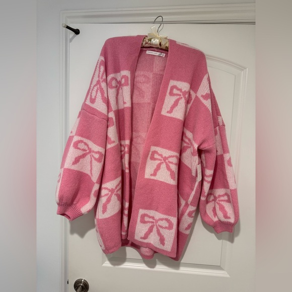SOLD - Altar’d State Coquette Pink Checkered Bow Cardigan - Picture 2 of 6